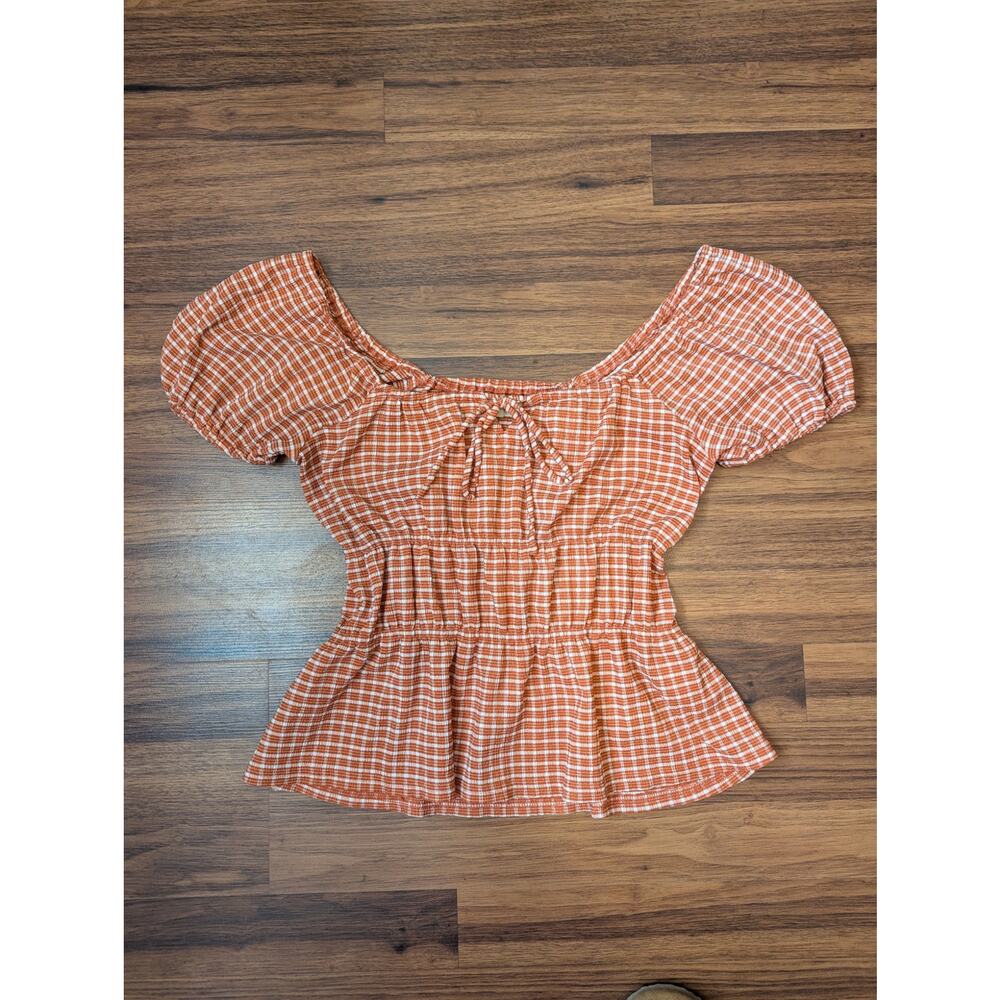 Madewell Gingham Peplum Top Size Small Orange Puff Sleeve Cottagecore Retro